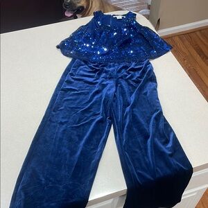 Girls  Navy Blue Sequin Velvet Jumpsuit